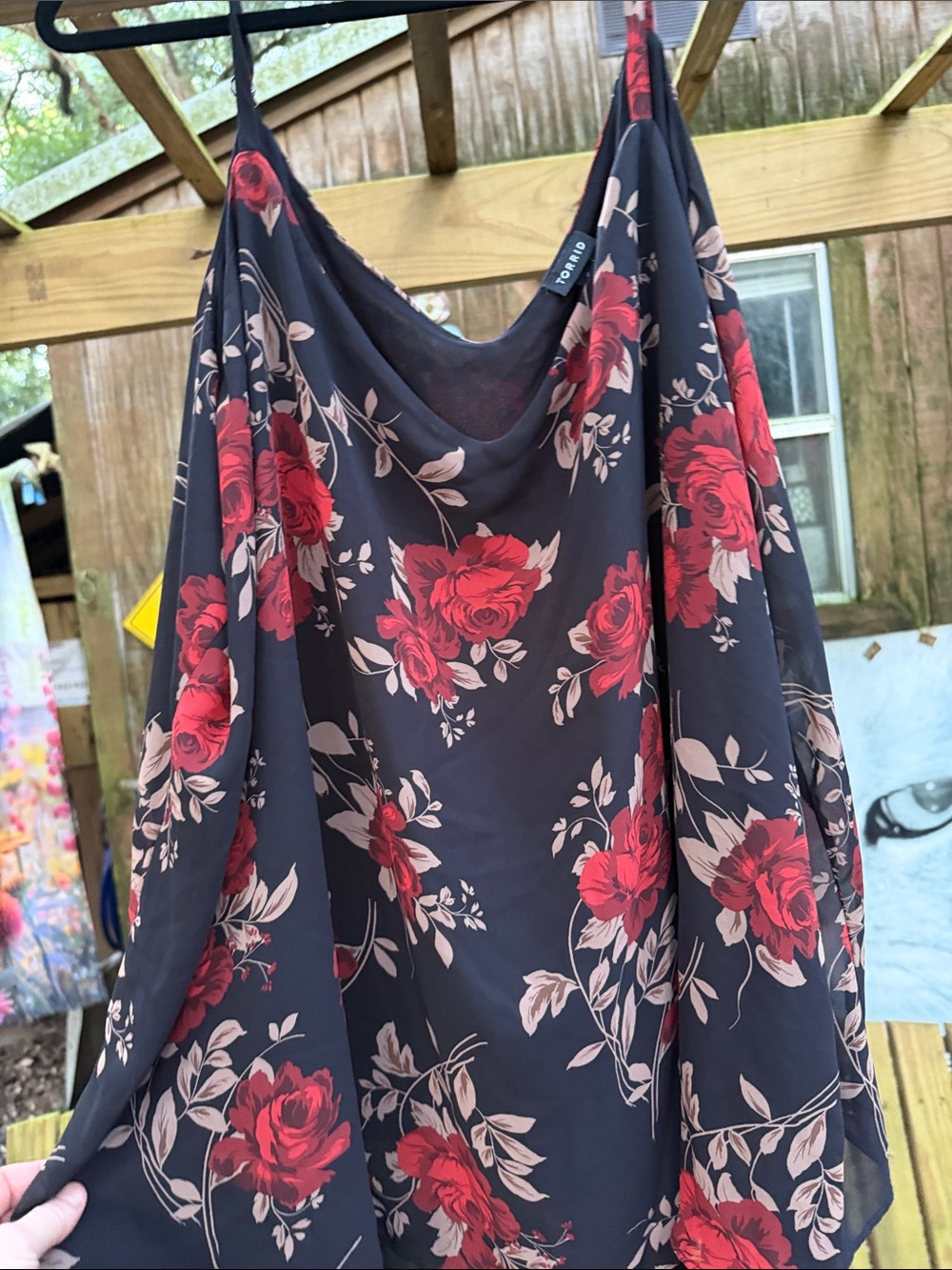 torrid Black Floral Cowl Neck Camisole Red Rose Print 5x double layer fabric